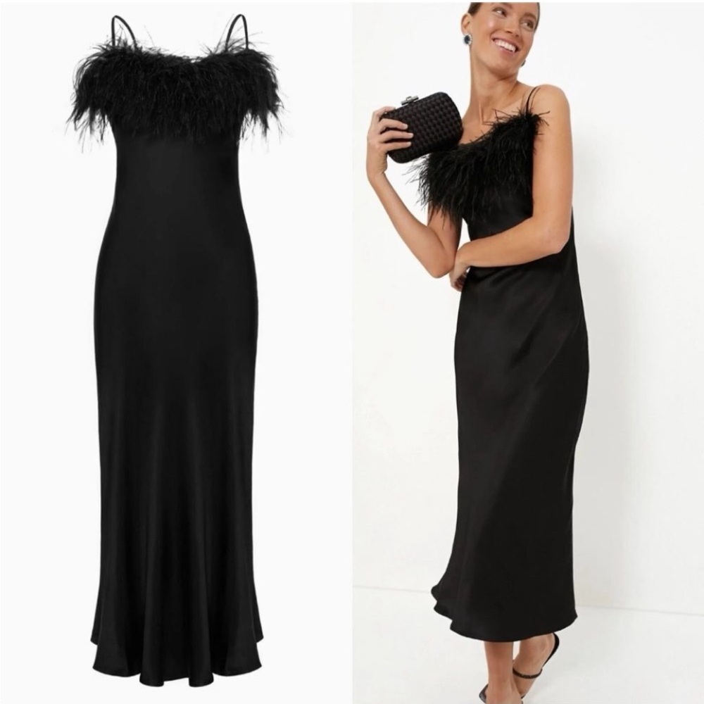 SLEEPER Boheme Satin Midi Slip Dress Ostrich Feather Trim Black Small